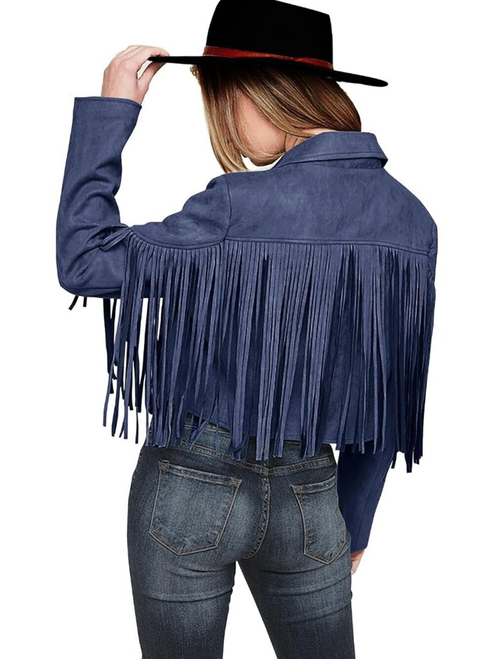 Women's Blue Long Sleeve Slim Fall Fringe Suede Faux Leather Winter Jackets